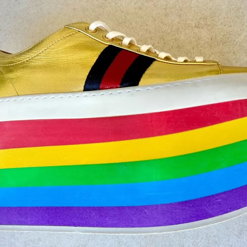 Gucci Peggy Rainbow Platform Sneakers EU 38 US 8 Gold Lace Up Slatform Shoes